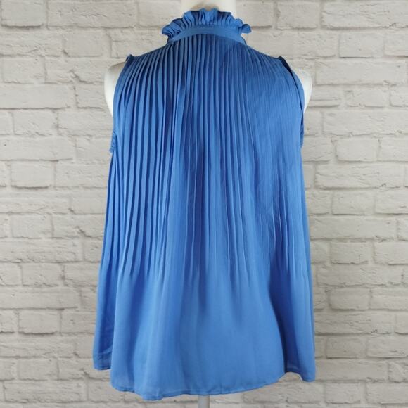 A Loft Petite Women Blue Ruffled Neck Pleated Plisse Swing Tassel Top Blouse XSP - Picture 11 of 13